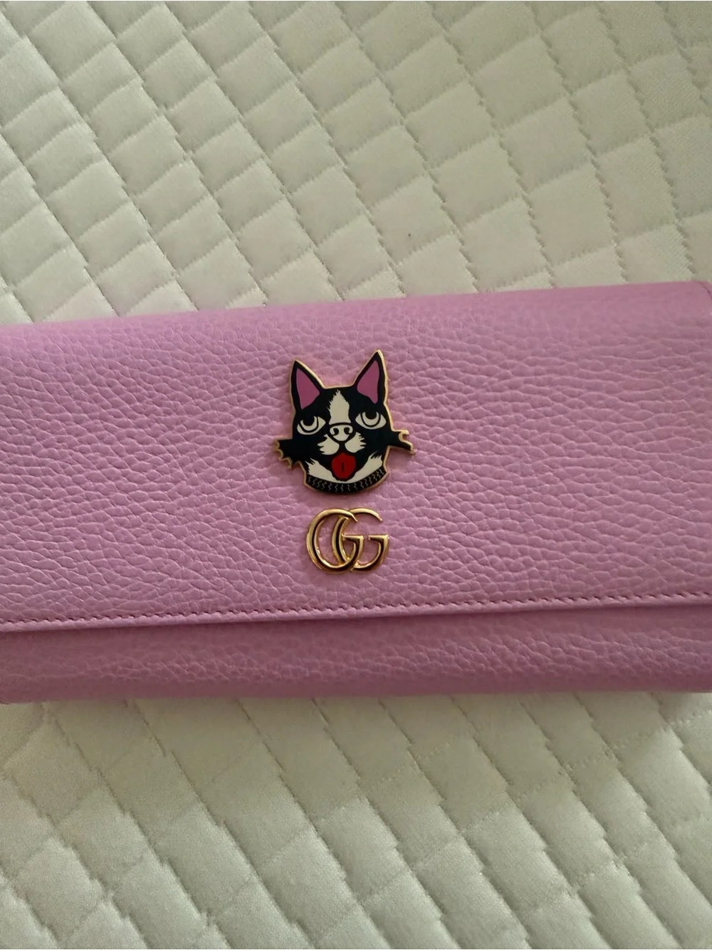 Gucci Pink Leather Continental Wallet with Cat Emblem